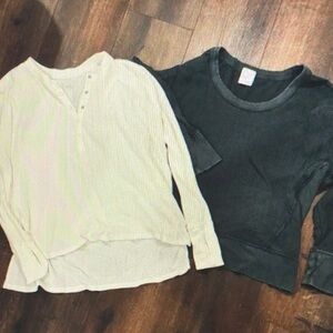 Aerie Long Sleeve Henley and Waffle Knit Tops - Cream and Dark Gray